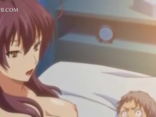 Innocent anime schoolgirl fucks big dick between tits and cunt lips
