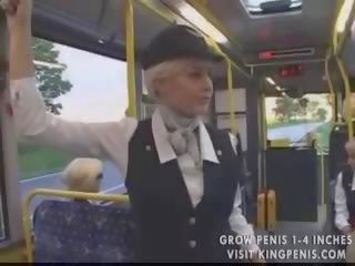 Busty stewardess public handjob in the bus