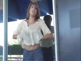 Melina brunette teen flashing and posing in a public place