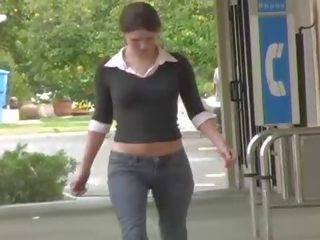 Jenny desirable brunette teen public flashing tits and pussy