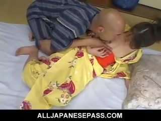 Passionate perfected Japanese Cougar In A Kimono Rides A Hard shaft