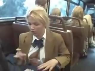 Blonde stunner suck asian boys penis on the bus