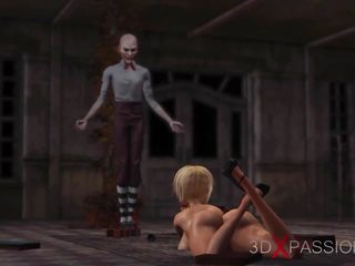 Joker scopa difficile beguiling clown giovane femmina in abandoned screpolatura esploratore