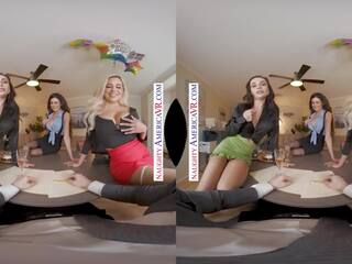 Naughty America - sexy babes take care of their boss by giving him some three-way action!